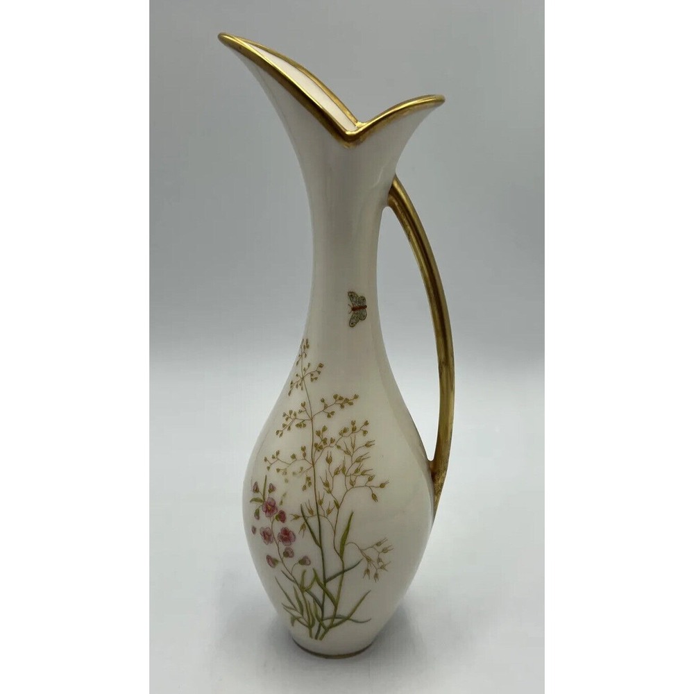 Vintage Lindner Kueps Bavaria Germany Pitcher Ewer Floral Gold Trim Vase 9"